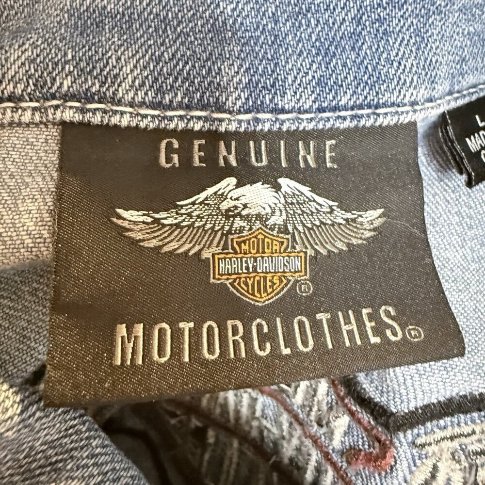 Harley Davidson Women's Denim Trucker Jacket Size Large Pockets Embroidery Patch - Picture 9 of 9